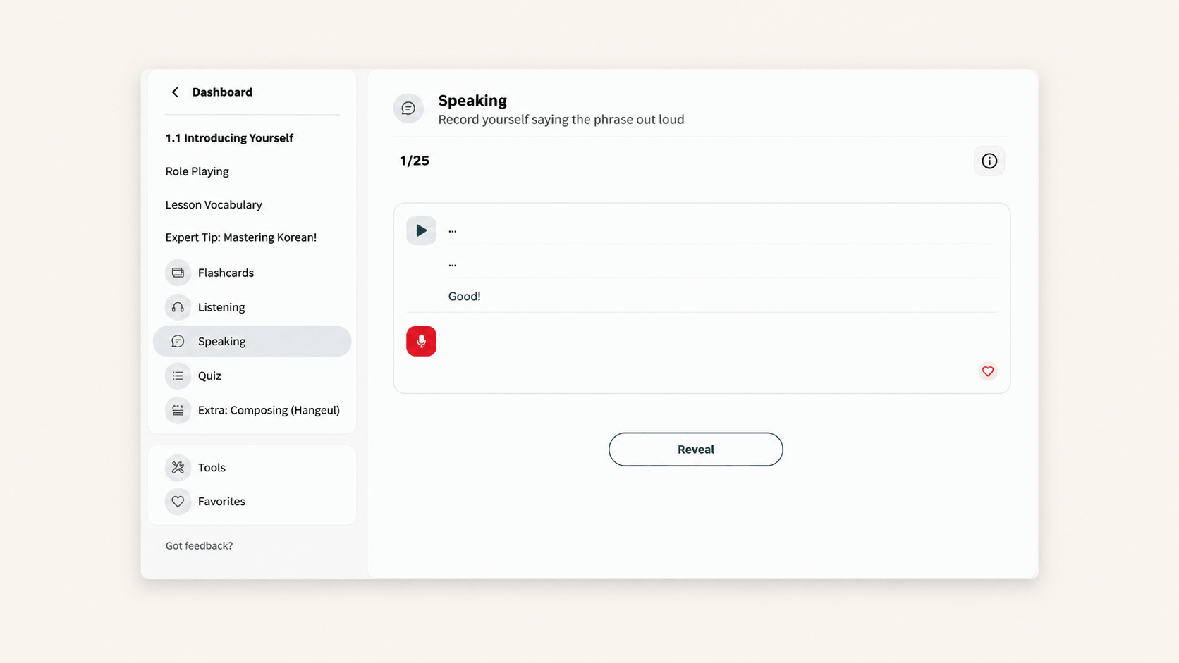 Speaking activity — see the English prompt and say the Korean out loud
